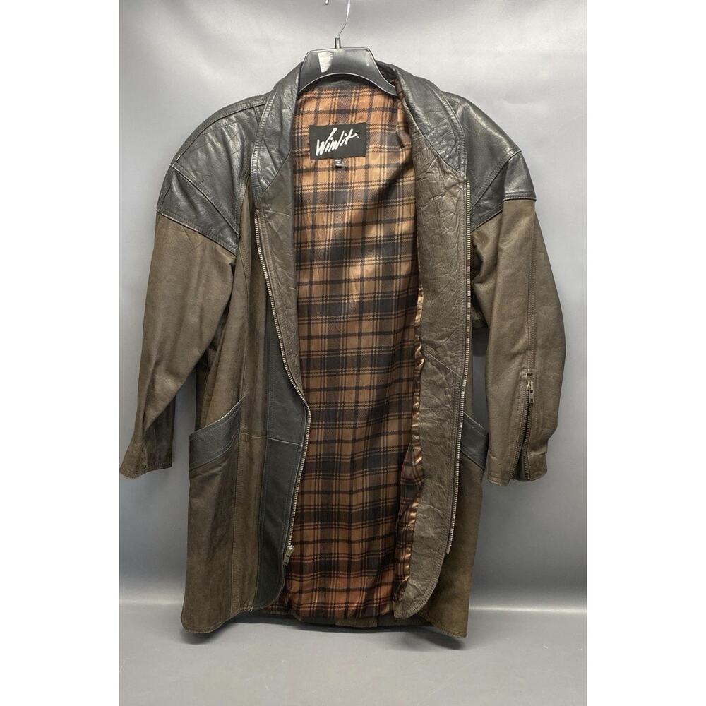 Winlit 90s Leather Jacket Brown Distress Plaid Lining 3/4 Sleeve Zip Colorblock